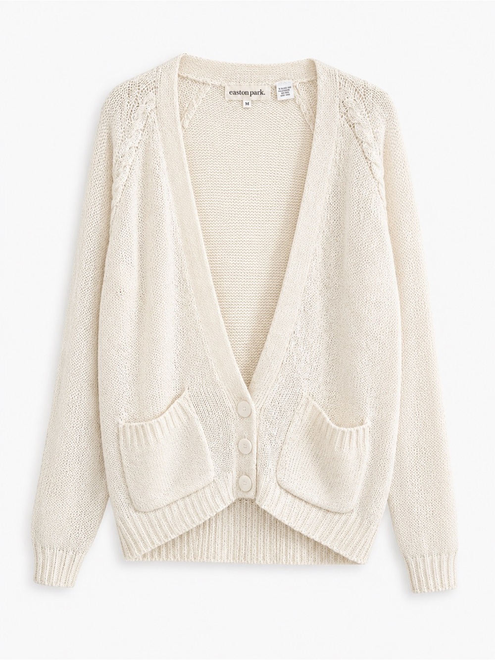 Vintage Ivory Long Cardigan Sweater M Shoulder Pads Pockets Heritage Knit